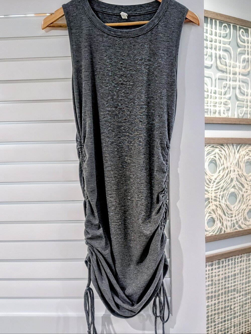 NWOT! Women's Heathered Grey Ruched Drawstring Midi To Mini Dress Adjustable!
